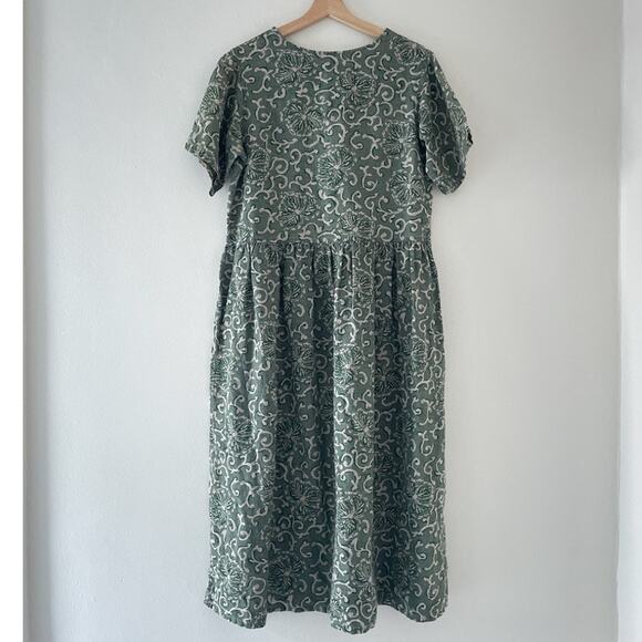 Vtg 90's Eddie Bauer Green Patterned Linen Short Sleeve Maxi Dress Sz Petite M/M - Picture 2 of 10